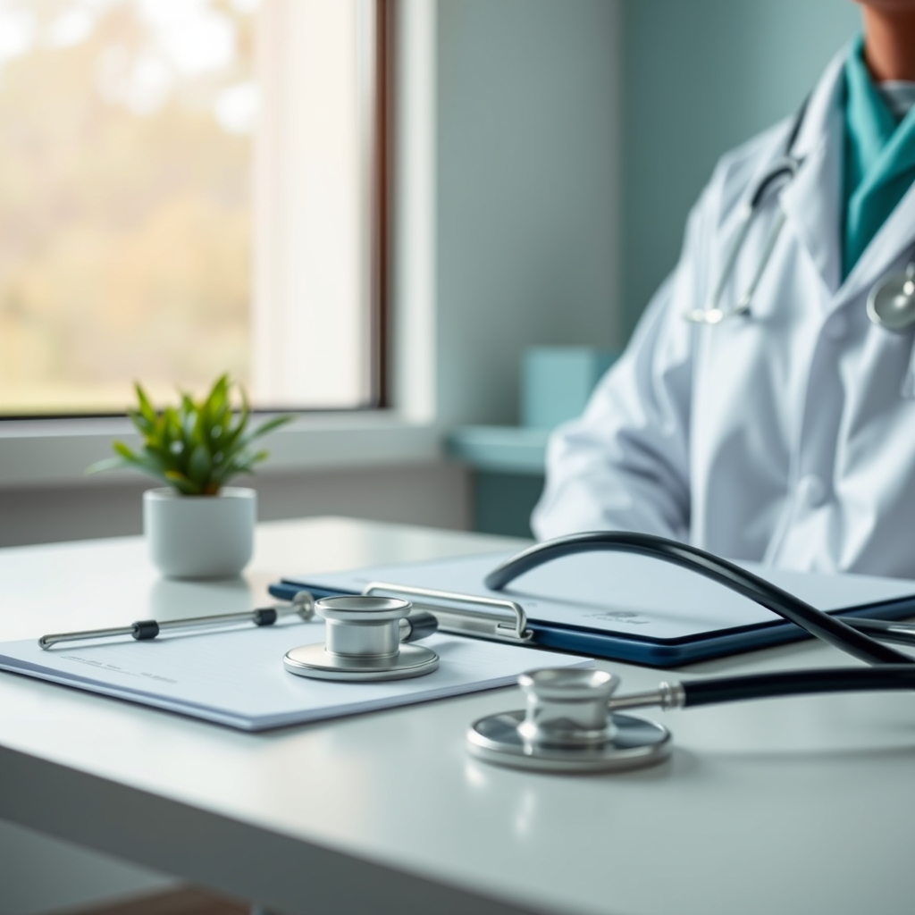 Stethoscope and clipboard on a clean primary care exam desk