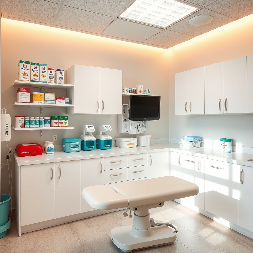 Modern urgent care treatment room with first aid supplies